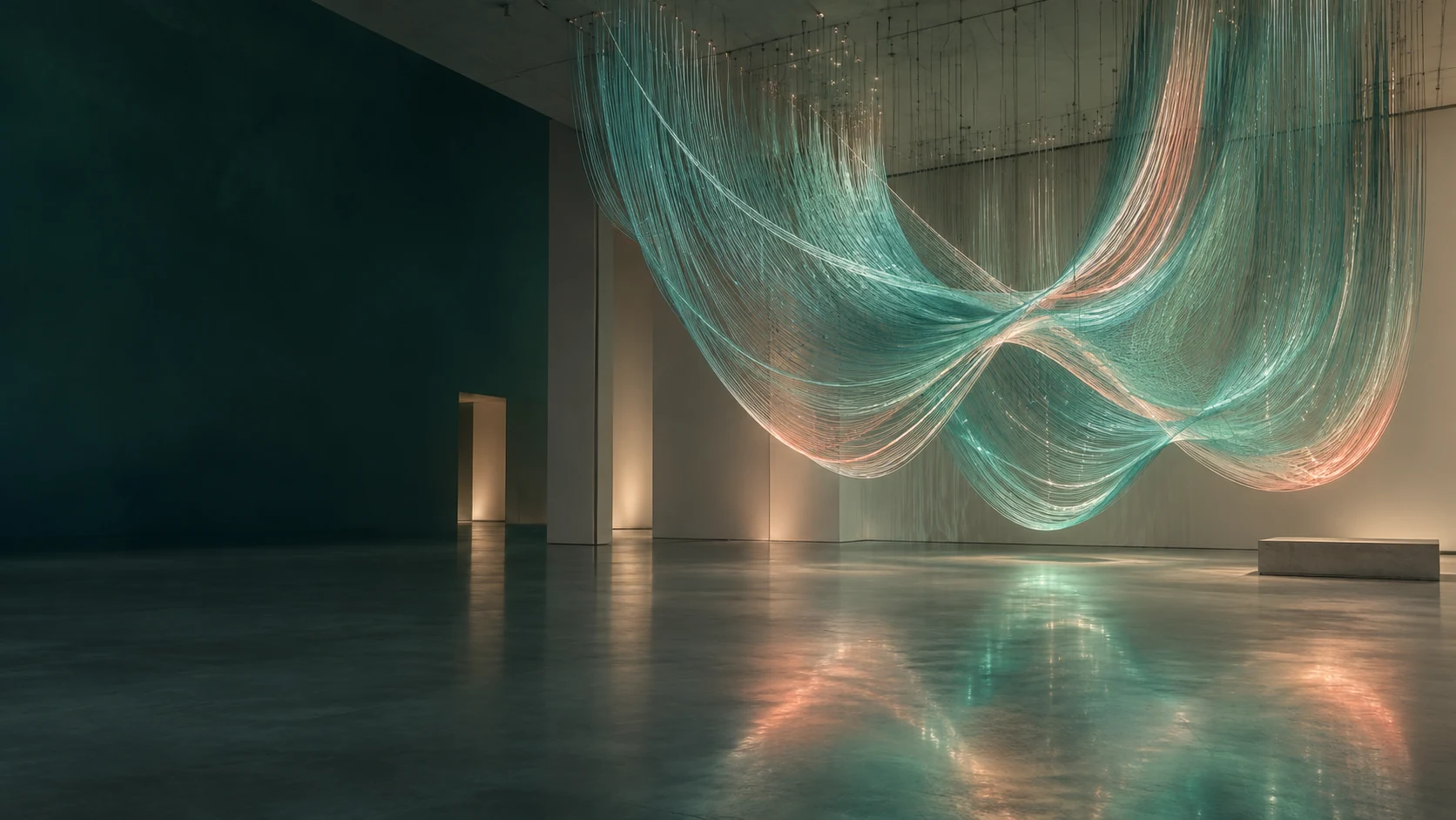 Generative Lichtinstallation mit geschwungenen leuchtenden F&auml;den