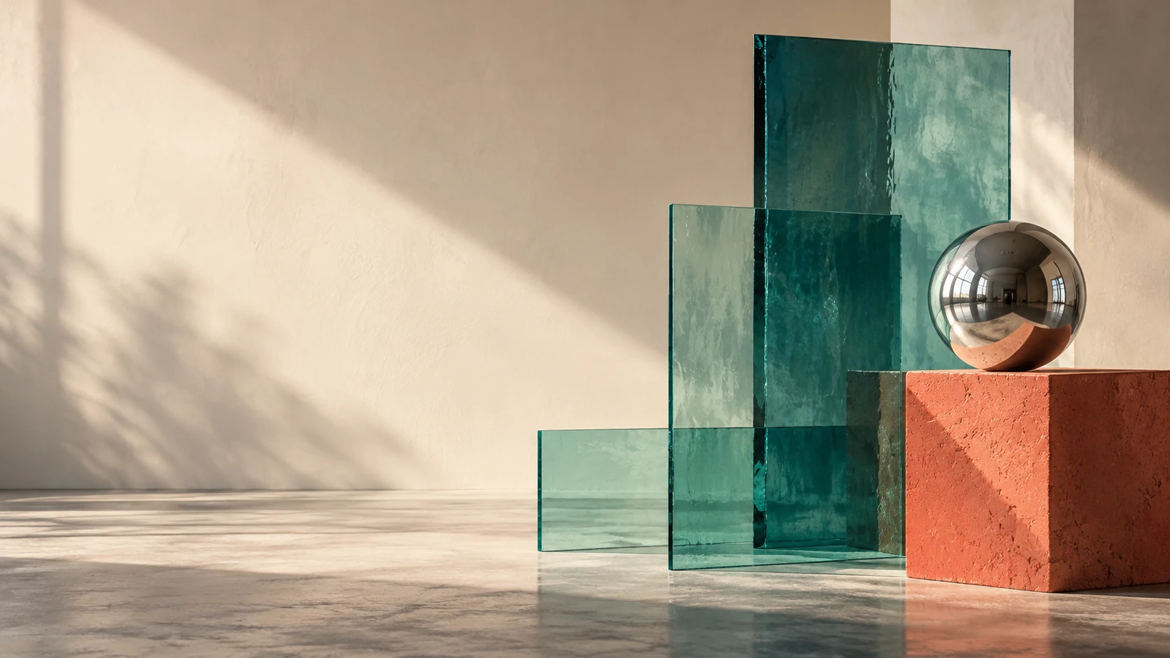 Glasfl&auml;chen, Metallkugel und orangefarbener K&ouml;rper als Materialstudie